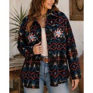 Savage Culture Western Aztec Jacket Embroidered Bull Skull Boho M/L